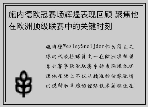 施内德欧冠赛场辉煌表现回顾 聚焦他在欧洲顶级联赛中的关键时刻